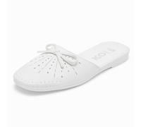 Womens Flat Mule Sliders - Bow Detail Slip-On Mules with Stud Embellishment - Faux Leather Closed-Toe Backless Flats for Summer, Holiday & Everyday Wear