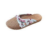 Women's Flat Mules Straw Closed-Toe Flip Flop House Slip on Bath Spa Summer Bamboo Slippers Indoor Oudoor Shoes UK Size 6.5 Blue