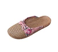 Women's Flat Mules Straw Closed-Toe Flip Flop House Slip on Bath Spa Summer Bamboo Slippers Indoor Oudoor Shoes UK Size 6.5 Pink