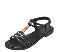 Women's Flat Sandals Bohemian Sandals Elastic Band Strap Low Heels Rome Vintage Hollow Beach Holiday Outdoor Sandals,Black,4 UK