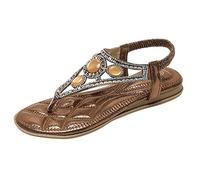 Women's Flat Sandals Ladies Thong Flat Sandals Bohemian Beaded Strap Shoes Diamante Rhinestone Leather Shoes Wedge Slingback Walking Slip on Platform Casual Beach Slingback Comfy Washable Slide Sport