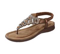 Women's Flat Sandals Ladies Thong Flat Sandals Bohemian Beaded Strap Shoes Diamante Rhinestone Leather Shoes Wedge Slingback Walking Slip on Platform Casual Beach Slingback Comfy Washable Slide Sport