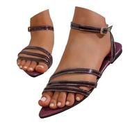 Women's Flat Sandals Open Toe Ankle Strap Summer Sandals On Casual Comfortable Adjustable Buckle Evening Shoes Sandals Women Go Walk (Wine, 4)