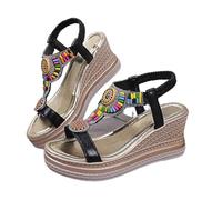 Women's Flat Sandals Summer Fashion Bohemian Rhinestone Beaded Sandals Elastic Ankle Strap Leather Flip Flops Comfortable Non-Slip Sole Open Toe Beach Shoes for Vacation Seaside Casual Walking