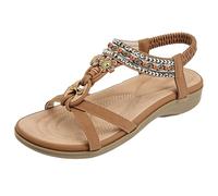Women's Flat Sandals Summer Open Toe Summer Sandals Rubber Sole Wide Feet Sandals Bohemian Beach Shoes Women's Sandals Casual Shoes with T-Straps and Elastic Band, khaki, 2 UK