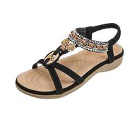 Women's Flat Sandals Summer Open Toe Summer Sandals Rubber Sole Wide Feet Sandals Bohemian Beach Shoes Women's Sandals Casual Shoes with T-Straps and Elastic Band, black, 8.5 UK