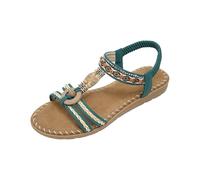Womens Flat Sandals Summer Orthopedic Beaded Bohemian Wide Fit T Strap Beach Sandal Ladies Dressy Arch Support Open Toe Slingback Roman Gladiator Sliders with Ankle Strap (Blue, 6)