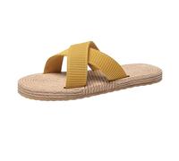 Women's Flat Sandals | Wide Cross Strap Open Toe, Plain Upper, Rope-Like Flat Sole and Visible Braided Sole | Beach Style Vacation Casual Summer Outing, 01 Yellow, 4 UK