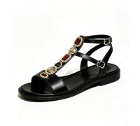 Women's Flat Sandals with Colourful Gemstone Embellishments - Vintage Boho Chic Summer Shoes - Ideal for Travel, Cobblestone Streets, Beach Weddings, Sightseeing, City Strolls and Casual Outings