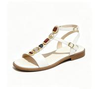 Women's Flat Sandals with Colourful Gemstone Embellishments - Vintage Boho Chic Summer Shoes - Ideal for Travel, Cobblestone Streets, Beach Weddings, Sightseeing, City Strolls and Casual Outings