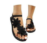 Women's Flat Sandals with Floral Embroidery Orthopaedic Sandals with a Single Strap Open Toe Design Ankle Strap Flip Flops for Holiday Beach Comfortable Beach Shoes, O Black, 9 UK