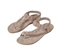 Women's Flat Sandals with Flower Appliqué Toe Separator Soft Soles Comfortable Elegant Bohemia Beach Shoes Elastic Band Slingback Beach Sandals for Outdoor Holiday Leisure & Everyday Use, khaki, 8.5