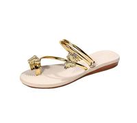 Women's Flat Sandals with Rhinestone Butterfly Embellishments Clip Toe Elastic Ankle Strap Sandals Elegant Fashion Summer Casual Going Out, gold, 7 UK