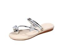 Women's Flat Sandals with Rhinestone Butterfly Embellishments Clip Toe Elastic Ankle Strap Sandals Elegant Fashion Summer Casual Going Out, Silver 2, 9 UK