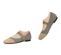 Women's Flat Shoes Single Strap Flat Knitted Square Toe Low Cut Mary Jane Sandals with Adjustable Buckle Strap Breathable Comfortable Ballerina Flats for Work Casual Travel Daily Light Gray