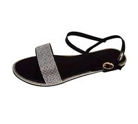 Women's Flat Shoes Summer Open - Bohemian Sandals Women's Summer Comfortable Beach Sandal Round Toe with Adjustable Band Sandals with Rhinestones Open Back Fashionable Shoes for Beach Holidays, Black