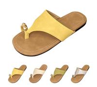 Women's Flat Slide Sandals Open Split-Toe Ring Summer Dressy Slides Sandal Non-Slip Slip-on Beach Holiday Vacation Casual Shoes Outdoor Fashion Comfort Walking Traveling Footwear Yellow