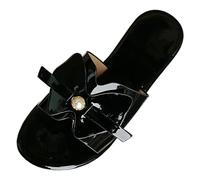 Womens Flat Slip On Sandals,Beach Slides For Women Shiny Patent Leather Upper Sandals Round Open Toe Breathable Summer Slippers With Pearl Accent Non-Slip Comfy Plantar Causal Mules