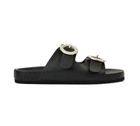 Womens Flat Slip On Slider Ladies Diamante Double Buckle Straps Casual Black Sandals Size 6