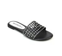 Womens Flat Slip On Sliders Ladies Cut Out Diamante Square Toe Summer Sparkly Black Synthetic Leather Sandals Size 6
