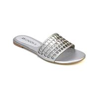 Womens Flat Slip On Sliders Ladies Cut Out Diamante Square Toe Summer Sparkly Silver Synthetic Leather Sandals Size 7