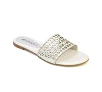 Womens Flat Slip On Sliders Ladies Cut Out Diamante Square Toe Summer Sparkly White Synthetic Leather Sandals Size 5