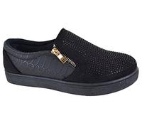 Womens Flat Slip ON Studded Zip Fashion Sport Trainers, Black, Size 3-8