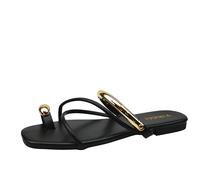 Women's Flat Strappy Sandal, Tan, Gold-Tone Hardware, Toe Post, Slip-On, Lightweight Summer Flip Flop (Black, UK Footwear Size System, Adult, Women, Numeric, Medium, 3)