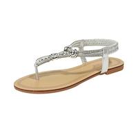 Womens Flat Thong Sandals Rhinestone Beaded Embellished Elastic Slingback Bohemian Sparkly Summer Beach Casual Shoes Silver