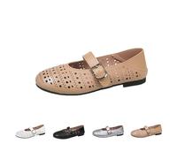 Women's Flats Hollow Breathable Mary Jane Flats, Ladies Casual Soft Slip On Dress Shoes with Buckle Strap Business All-Day Comfort Work Office Ballet Flat Shoes Size 4 Khaki