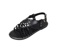 Women's Flats Sandals Summer Casual Cross Strappy Shoes Ladies Black Beach Holiday Retro Roman Sandal Low Heel Casual Open Toe Sliders Beach Pool Shoes Slingback Faux Leather Walking Sandals