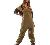 Women's Fleece Dungarees Loose Fit Adjustable Straps Solid Overalls with Pockets Thermal Long Jumpsuit Playsuit Trousers Winter Comfy Dungarees Women Bib Overalls for Women Oversized Dungarees Khaki