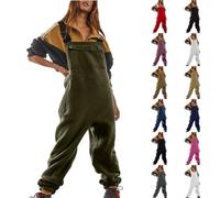 Women's Fleece Dungarees Loose Fit Adjustable Straps Solid Overalls with Pockets Thermal Long Jumpsuit Playsuit Trousers Winter Comfy Dungarees Women Bib Overalls for Women Oversized Dungarees Green