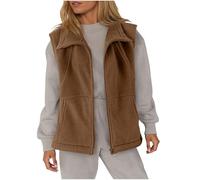 Womens Fleece Gilets - Full Zip Up, Lapel Collar, Two Side Pockets, Loose Fit, Sleeveless Jackets, Teddy Fleece Waistcoat, Ladies Casual Plain Body Warmers, Brown, M