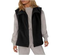 Womens Fleece Gilets - Full Zip Up, Lapel Collar, Two Side Pockets, Loose Fit, Sleeveless Jackets, Teddy Fleece Waistcoat, Ladies Casual Plain Body Warmers, Black, S