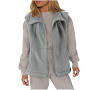 Womens Fleece Gilets - Full Zip Up, Lapel Collar, Two Side Pockets, Loose Fit, Sleeveless Jackets, Teddy Fleece Waistcoat, Ladies Casual Plain Body Warmers, Grey, L