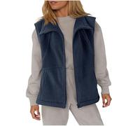 Womens Fleece Gilets - Full Zip Up, Lapel Collar, Two Side Pockets, Loose Fit, Sleeveless Jackets, Teddy Fleece Waistcoat, Ladies Casual Plain Body Warmers, Navy, XXL