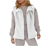 Womens Fleece Gilets - Full Zip Up, Lapel Collar, Two Side Pockets, Loose Fit, Sleeveless Jackets, Teddy Fleece Waistcoat, Ladies Casual Plain Body Warmers, White, S
