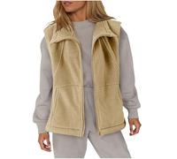 Womens Fleece Gilets - Full Zip Up, Lapel Collar, Two Side Pockets, Loose Fit, Sleeveless Jackets, Teddy Fleece Waistcoat, Ladies Casual Plain Body Warmers, Beige, S