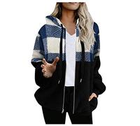 Women's Fleece Jacket Full Zip Tartan Check Fluffy Hoodie Teddy Fleece Sweatshirt Hooded Winter Warm Casual Coats Ladies Loose Comfy Soft Jumper Tops with Pockets Clearance UK Size 8-16
