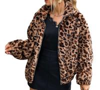 Womens Fleece Jacket Ladies Leopard Print Fluffy Hoodie Jackets Full Zip Fuzzy Outerwear Lightweight Oversized Teddy Coats Winter Warm Soft Outerwear Stand Collar Cozy Coat with Pockets (Coffee, M)