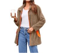 Womens Fleece Jacket - Ladies Teddy Fleece Jacket Full Zip Patchwork Hoodie Fuzzy Hooded Faux Fur Shearling Coat Long Sleeve Fluffy Tartan Checked Coat Winter Warm Outfits Long Jumpers