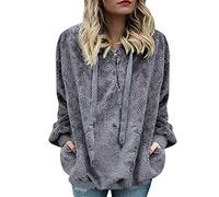 Women's Fleece Jacket - Women's Jacket with Hood Solid Colour Tops with Drawstring Tops Thermal Fleece Lined Jackets Two Pockets Jackets Casual Loose Jacket, Dark Gray, 5XL