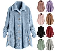 Womens Fleece Jackets Winter Lapel Collar Long Coat Long Sleeve Fluffy Teddy Bear Coat Warm Oversized Button Down Fuzzy Sherpa Long Cardigans Sweater Autumn Winter Outerwear Overcoat