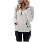 Womens Fleece Jumper Fluffy Pullover Teddy Fleece Sweatshirts Casual Top Fuzzy 1/4 Zip Up Long Sleeve Stand Collar Cozy Coat Tops with Pockets (White, L)
