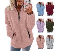Womens Fleece Jumper Fluffy Pullover Teddy Fleece Sweatshirts Casual Top Fuzzy 1/4 Zip Up Long Sleeve Stand Collar Cozy Coat Tops with Pockets Fuzzy Casual Loose Velvet Sweater Outwear Coat for Women