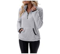 Womens Fleece Jumper Fluffy Pullover Teddy Fleece Sweatshirts Casual Top Fuzzy 1/4 Zip Up Long Sleeve Stand Collar Cozy Coat Tops with Pockets (Grey, M)