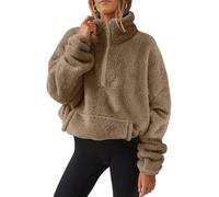 Women's Fleece Jumpers Half Zip Sherpa Warm Pullover Thicken Double Fleece Sweater Loose Fit Fuzzy Coat Long Sleeve Casual Winter Tops Teddy Fleece Jacket Zipper Outwear Sweater with Pockets Brown