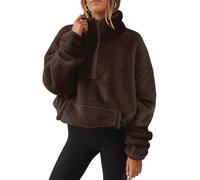 Women's Fleece Jumpers Half Zip Sherpa Warm Pullover Thicken Double Fleece Sweater Loose Fit Fuzzy Coat Long Sleeve Casual Winter Tops Teddy Fleece Jacket Zipper Outwear Sweater with Pockets Coffee