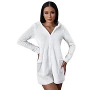 Women's Fleece Jumpsuits - Cute Ear Hooded Onesies, Soft Fuzzy Rompers, Fluffy Comfy Pyjamas Nightwear, Cozy Winter Warm One Piece Outfits, Zipper Short Playsuits, Pockets, Loungewear Sleepwear Uk